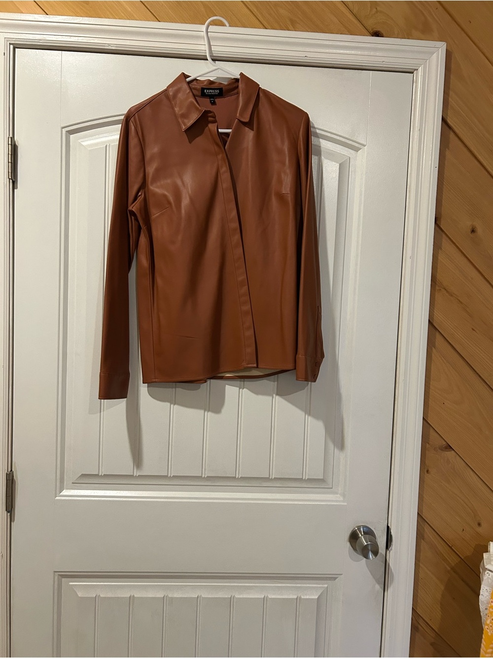 Express Faux Leather Jacket in Warm Chestnut Brown